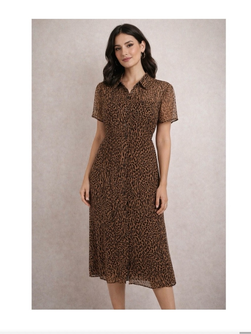 Robbie Bee Brown Leopard-Print Midi Shirt Dress